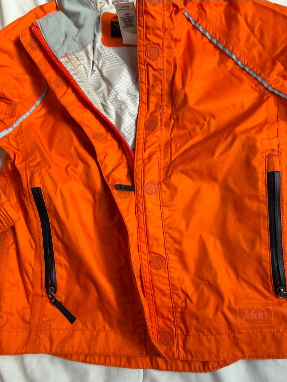 REI Kids Orange Hooded Rain Jacket with Reflective Trim